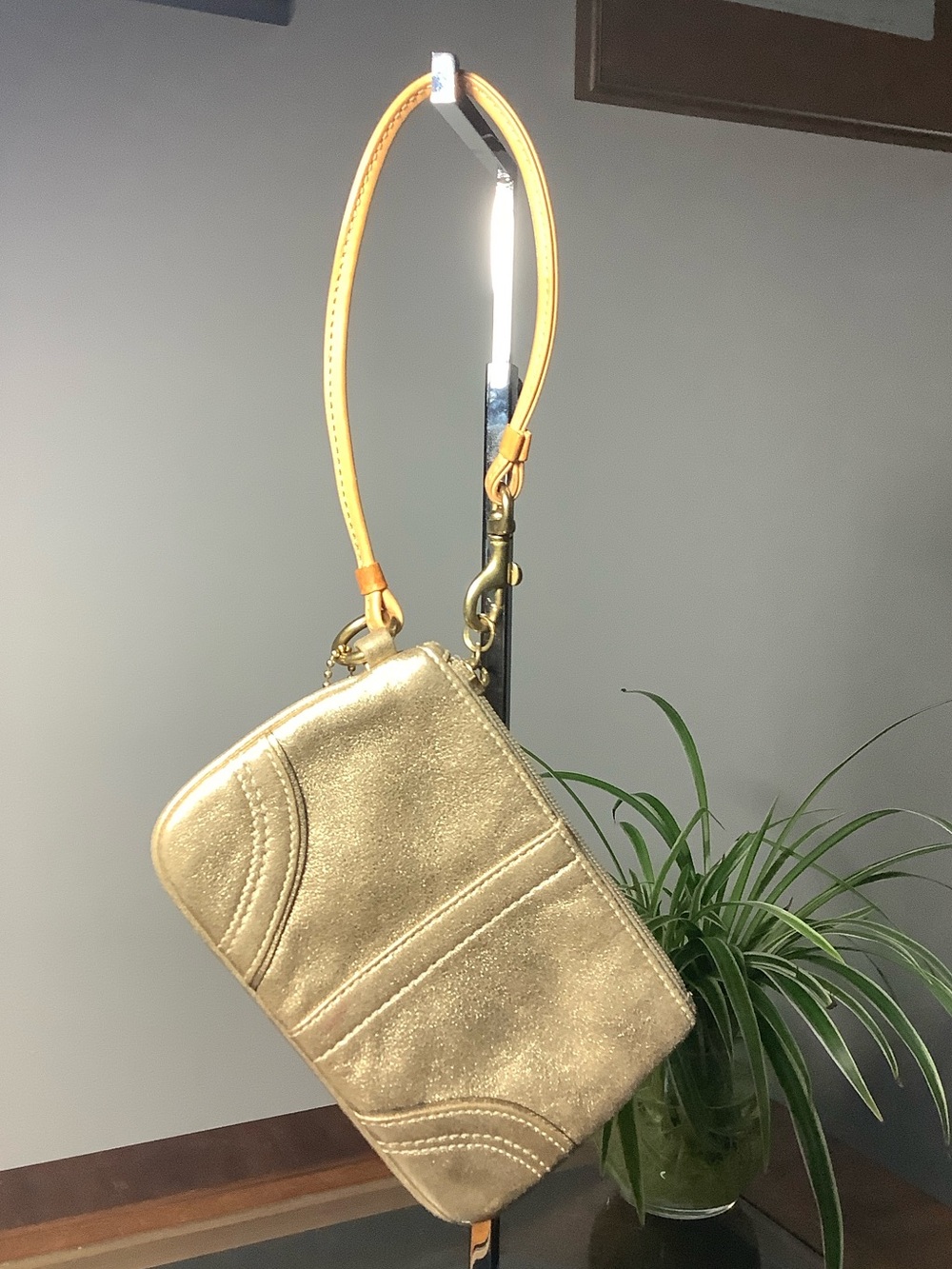 Coach Metallic Gold Wristlet with Tan Strap